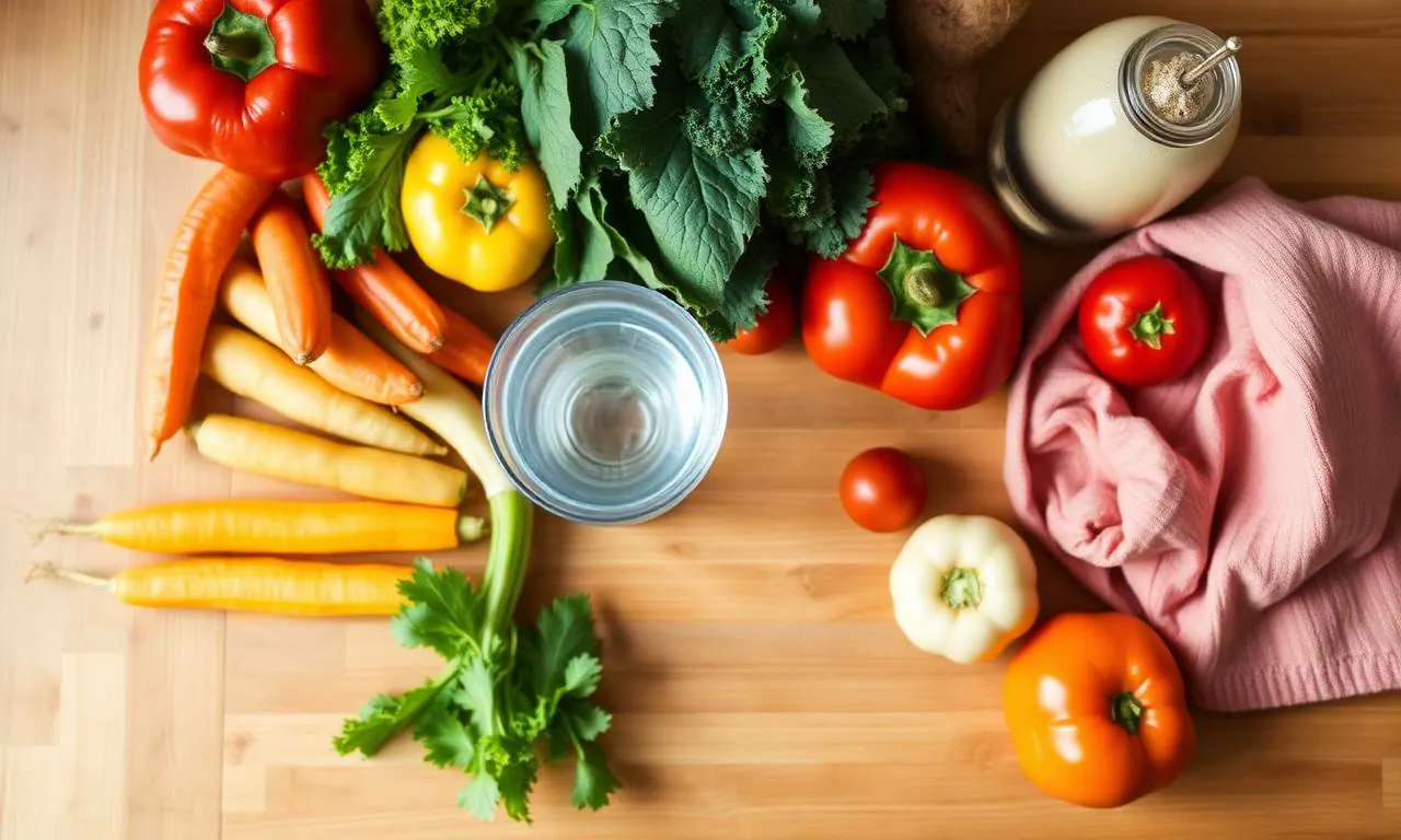 Mesa com vegetais frescos, frutas coloridas e um copo de água, representando alimentação saudável