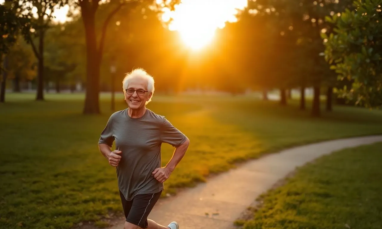 Pessoa idosa correndo em um parque ao amanhecer, sorrindo, representando longevidade e bons hábitos