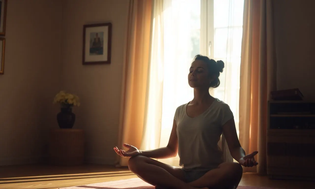 Pessoa meditando tranquilamente em uma sala iluminada pelo sol da manhã